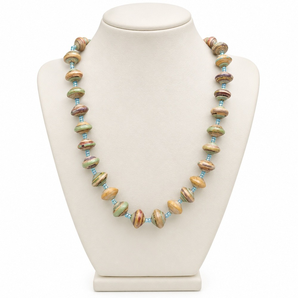 Bead for Life Rolled Paper Bead Necklace Green Brown Blue Boho Artisan 19"